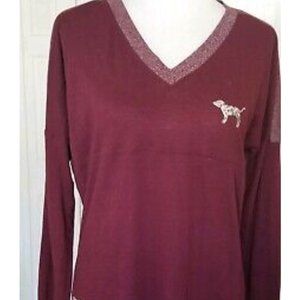 Victoria's Secret PINK XL Dark Ruby Red Bling V Neck Tee